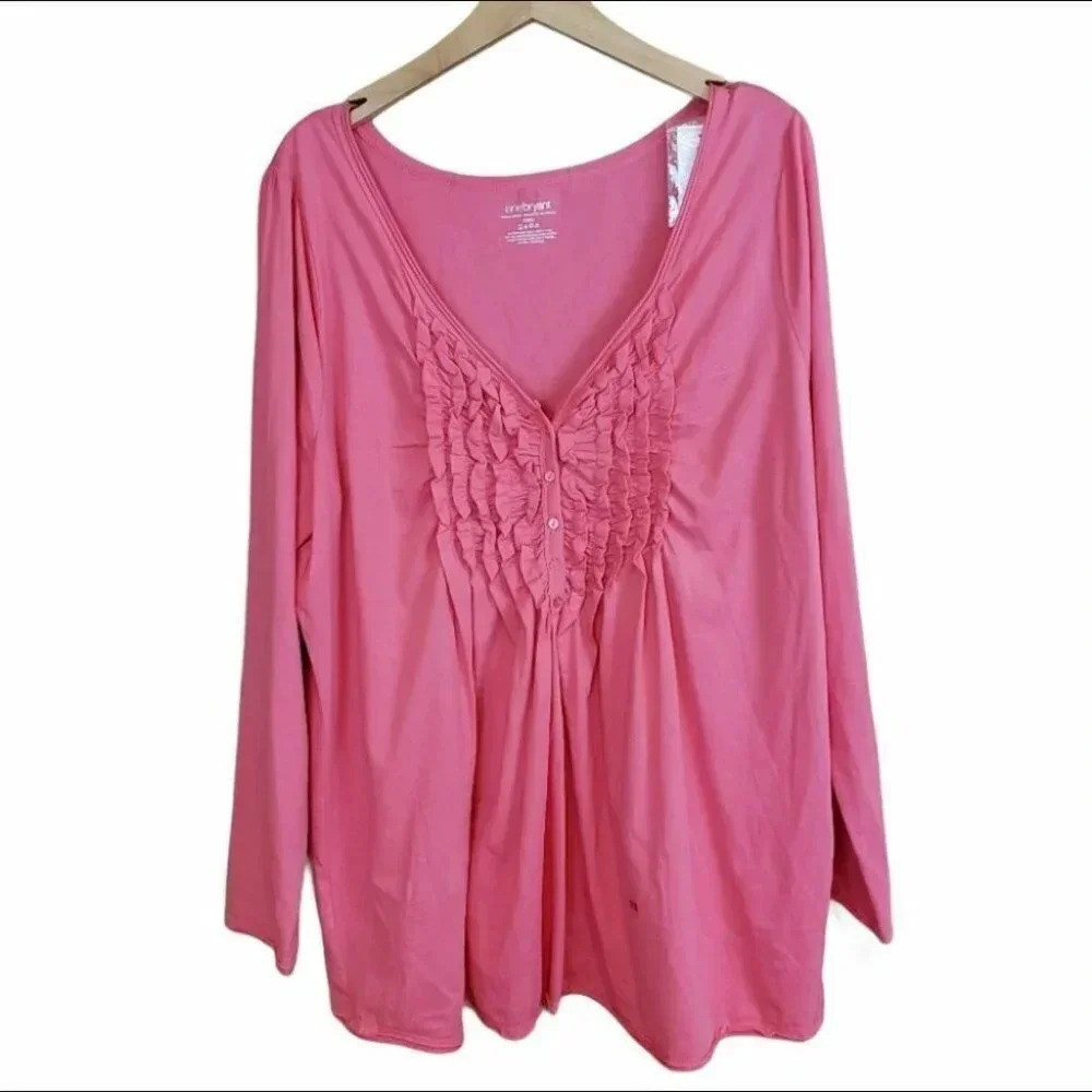 Lane Bryant Ruffle Front Top 18/20 Pink Long Sleeve V-Neck Cotton Blend Plus